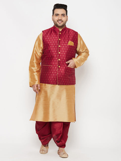 Vastramay PLUS Men's Maroon Zari Weaved Nehru Jacket With Kurta Dhoti set